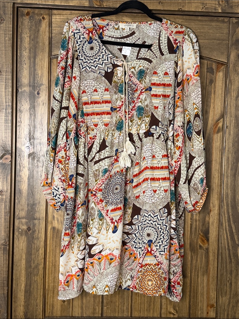 Umgee Multicolor Boho Midi Dress - Cream, Brown, Teal & Orange Pattern
